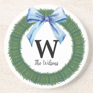 Watercolor Christmas Wreath Blue Bow Monogram Coaster