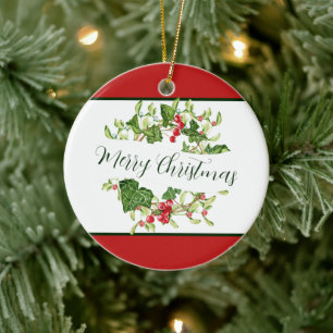 Watercolor Christmas wreath custom Holiday Ceramic Ornament