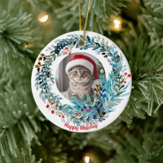 Watercolor Christmas Wreath Cute Kitty Ornament
