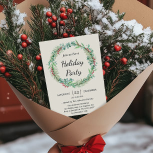 Watercolor Christmas Wreath -Elegant Holiday Party Invitation