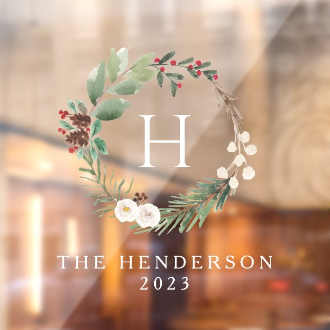 Watercolor Christmas Wreath Family Monogram Window Cling (Sheet 2)
