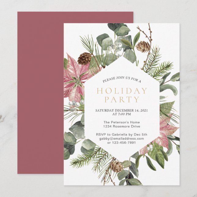 Watercolor Christmas Wreath Gold Holiday Party  Invitation (Front/Back)