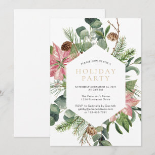 Watercolor Christmas Wreath Gold Holiday Party  Invitation