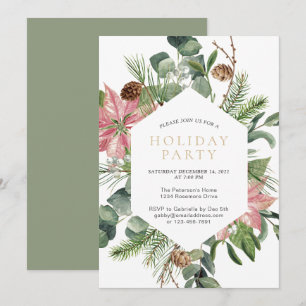 Watercolor Christmas Wreath Gold Holiday Party  Invitation