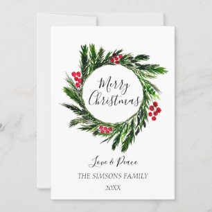 Watercolor Christmas Wreath Merry and bright Holiday Card
