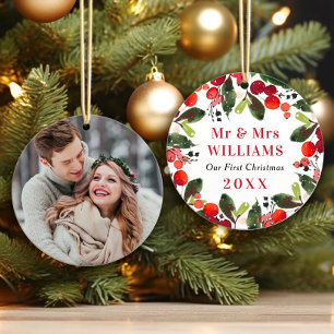 Watercolor Christmas Wreath Monogram Holiday Photo Ornament