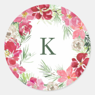 Watercolor Christmas Wreath Monogram Initial Classic Round Sticker