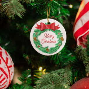 Watercolor Christmas Wreath Personalized Metal Ornament