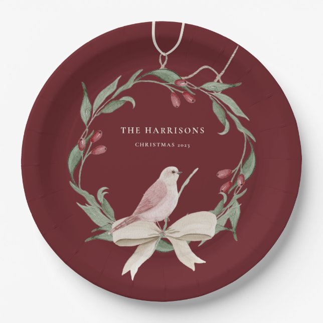 Watercolor Christmas Wreath Personalized Paper Plate (Front)