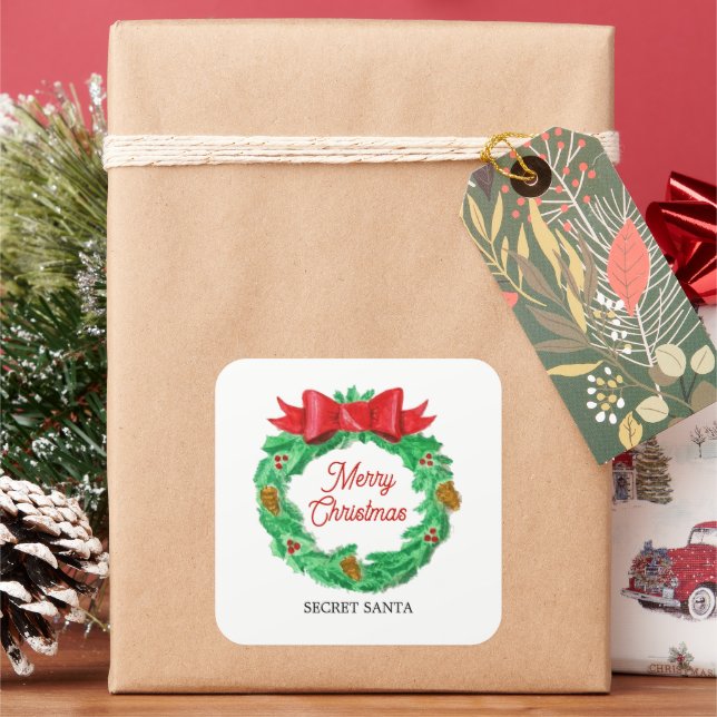 Watercolor Christmas Wreath Personalized  Square Sticker (Holiday)