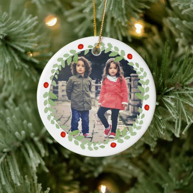 Watercolor Christmas Wreath Photo Ceramic Ornament (Tree)