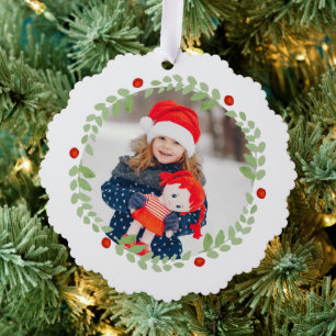 Watercolor Christmas Wreath Photo Ornament Card