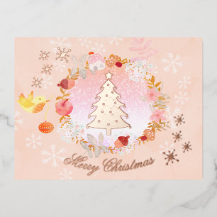 Watercolor Christmas Wreath. Pink. Personalized. Foil Holiday Postcard