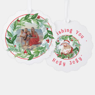 Watercolor Christmas Wreath Santa PHOTO Ornament Card
