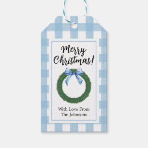 Watercolor Christmas Wreath with Blue BowGift Tags