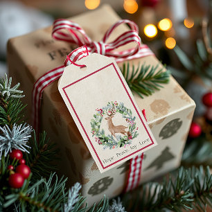 Watercolor Christmas wreath with deer custom Gift Tags