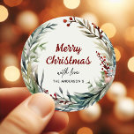 Watercolor Christmas Wreath with love from Classic Round Sticker<br><div class="desc">Festive watercolor wreath Merry Christmas Stickers Gift Tags. Click the edit/personalize button to customize this design with your text.</div>