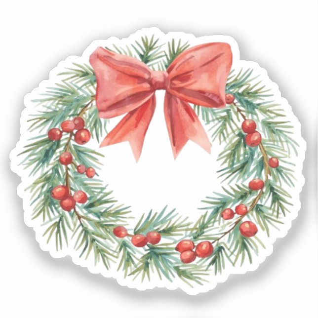 Watercolor Christmas Wreath with Red Bow & Berries (Front)