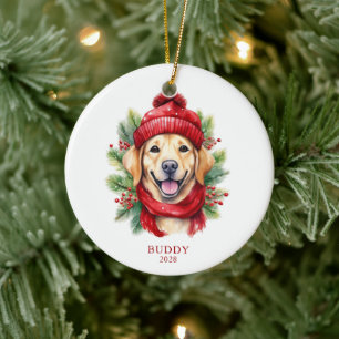 Watercolor Christmas Yellow Labrador Dog Photo Ceramic Ornament