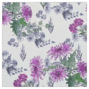 Watercolor chrysanthemum pink small flowers green fabric