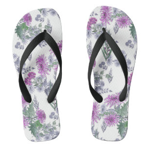 Watercolor chrysanthemum pink small flowers green flip flops