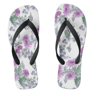 Watercolor chrysanthemum pink small flowers green flip flops