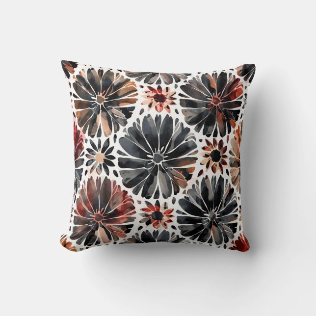 Watercolor Chrysanthemums Dark Floral Throw Pillow (Front)