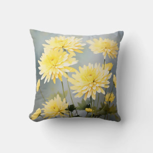 Watercolor Chrysanthemums On Light Yellow Meadow Throw Pillow