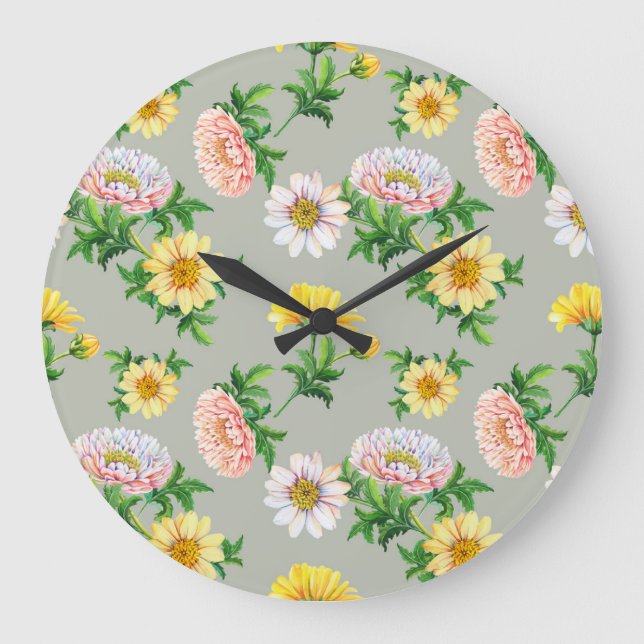 Watercolor chrysanthemums, seamless floral pattern large clock (Front)