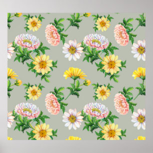 Watercolor chrysanthemums, seamless floral pattern poster