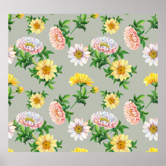 Watercolor chrysanthemums, seamless floral pattern poster (Front)