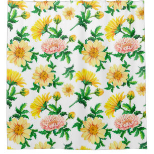 Watercolor chrysanthemums. Yellow flowers with gre