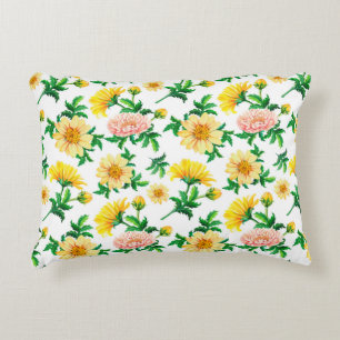 Watercolor chrysanthemums. Yellow flowers with gre Accent Pillow