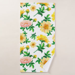 Watercolor chrysanthemums. Yellow flowers with gre Bath Towel