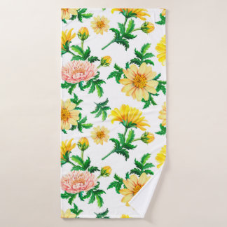 Watercolor chrysanthemums. Yellow flowers with gre Bath Towel