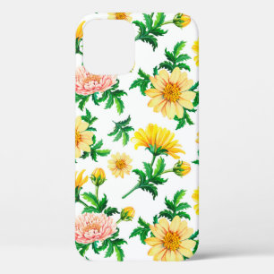 Watercolor chrysanthemums. Yellow flowers with gre iPhone 12 Case