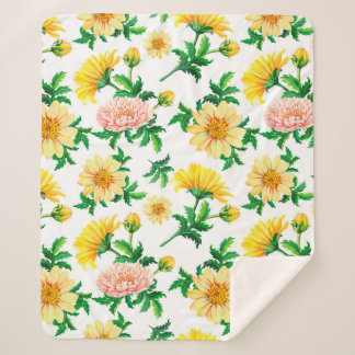 Watercolor chrysanthemums. Yellow flowers with gre Sherpa Blanket