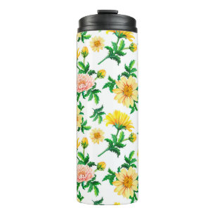 Watercolor chrysanthemums. Yellow flowers with gre Thermal Tumbler