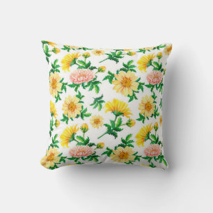 Watercolor chrysanthemums. Yellow flowers with gre Throw Pillow