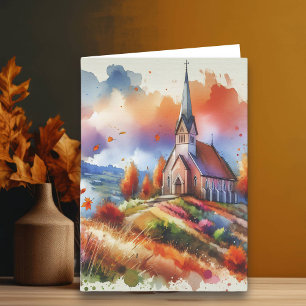 Watercolor Church on a Fall Day   Autumn Blessings Card