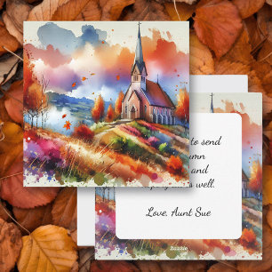 Watercolor Church on a Fall Day Autumn Blessings Holiday Card