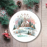Watercolor Church on a Winter Day Christmas Classic Round Sticker<br><div class="desc">Christmas stickers with a beautiful watercolor church,  snowy grounds and sparkles.</div>