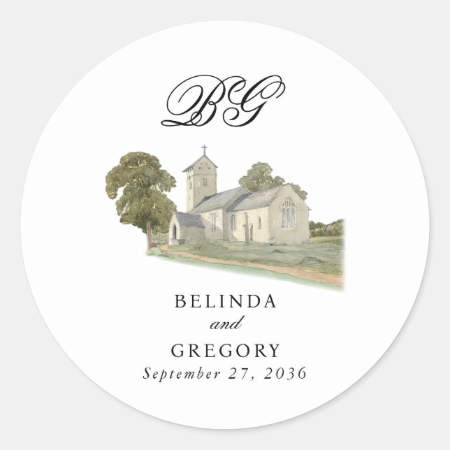 Watercolor Church Traditional Monogram Wedding Classic Round Sticker (Front)