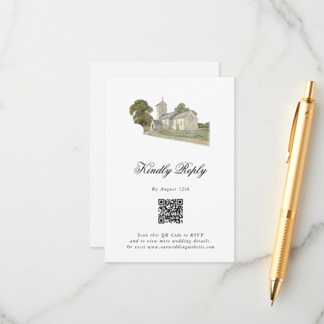 Watercolor Church Traditional Monogram Wedding Enclosure Card (Front/Back In Situ)