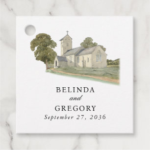 Watercolor Church Traditional Monogram Wedding Favour Tags