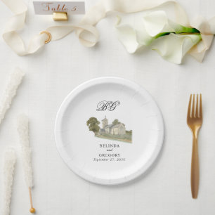 Watercolor Church Traditional Monogram Wedding Paper Plate