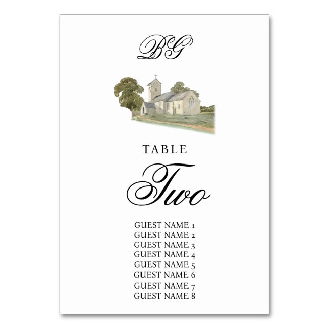 Watercolor Church Traditional Monogram Wedding Table Number (Front)