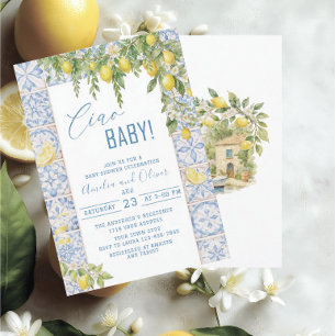 Watercolor ciao bambino lemons baby shower invitation