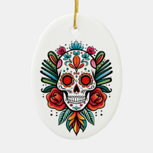 Watercolor Cinco De Mayo Colourful Sugar Skull Ceramic Ornament