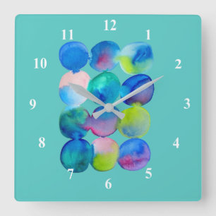 Watercolor circle pattern abstract art cool colour square wall clock